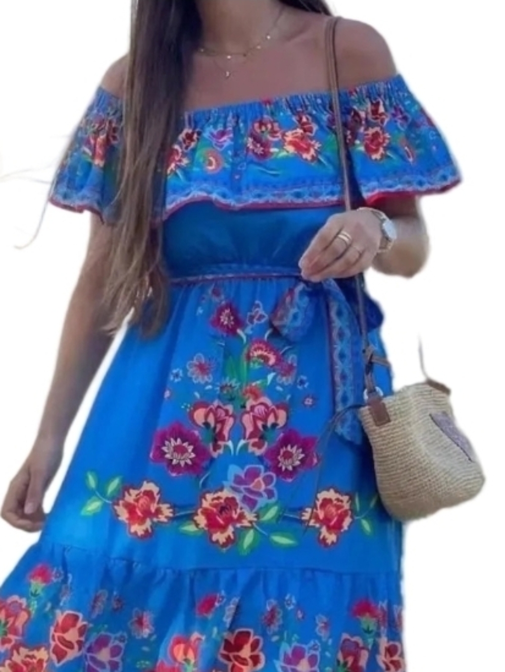 Floral Ruffle Off Shoulder Belted Elastic Waist Retro 70s Tiered Boho Maxi Dress - Picture 8 of 9